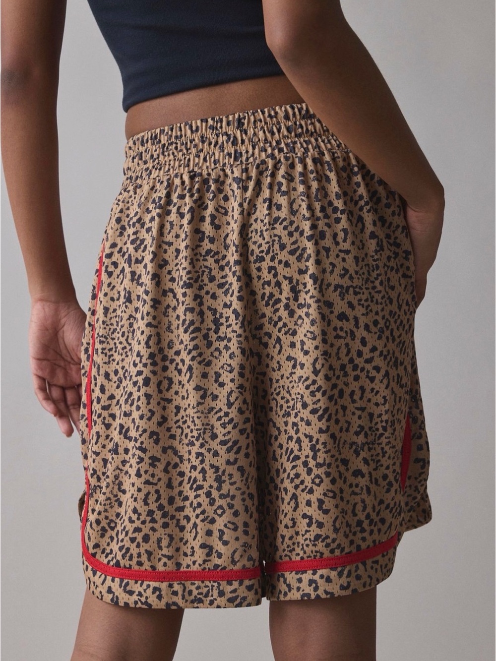 UO BDG Leopard Print Elastic-Waist Women’s Shorts in Tan with Red Trim - Picture 6 of 6